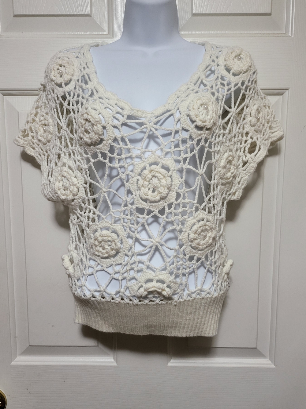 Crochet Floral Openwork Cream Women's Top